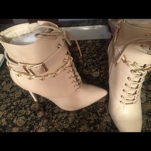 Cream Stiletto Booties w/ Gold chain Detal
